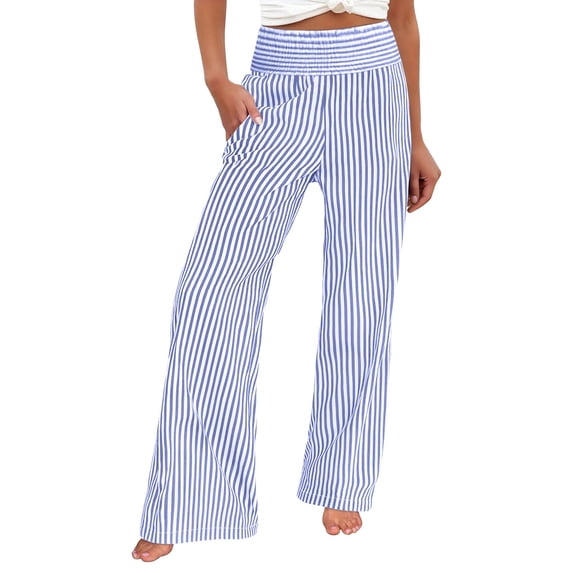 XIAOCHA Womens Striped Pants High Waist Elastic Waist Wide Leg Soft Summer Trousers,Blue