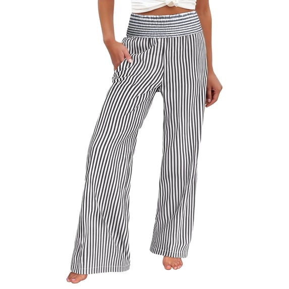 XIAOCHA Womens Striped Pants High Waist Elastic Waist Wide Leg Soft Summer Trousers,Gray