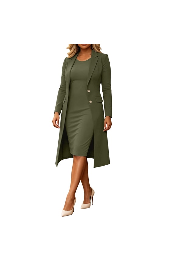 Womens Summer 2 Piece Outfit Solid Long Blazer Jacket Sleeveless Bodycon Midi Dress Office Suit Sets