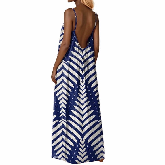 XIAOCHA Womens Summer Maxi Dresses Chevron Geometric Print Spaghetti Strap Deep Back Tie Back Oversized Vacation Dresses