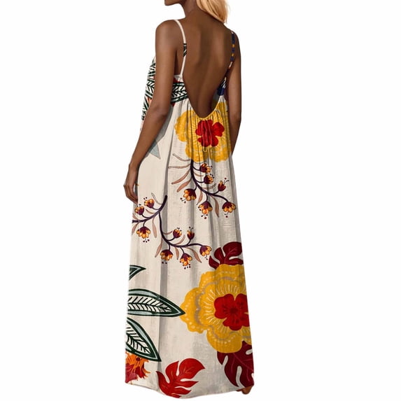 XIAOCHA Womens Summer Maxi Sundress Big Floral Print Thin Spaghetti Strap Deep Back Relaxed Fit Beach Dresses