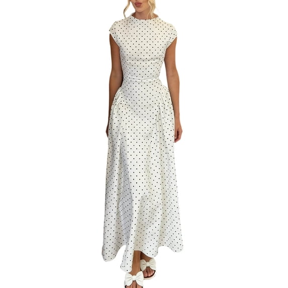 XIAOCHA Womens Summer Midi Satin Dress Mini Polka Dot Print Neck Cap Sleeve Waist Fitted Asymmetric Hem Party Dresses