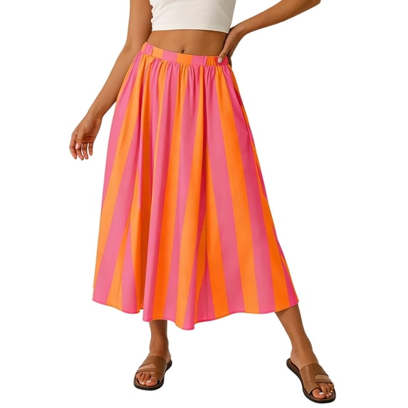 XIAOCHA Womens Summer Midi Skirt Vertical Stripe Print Elastic High Waist Flowy Swing Casual Long Skirts