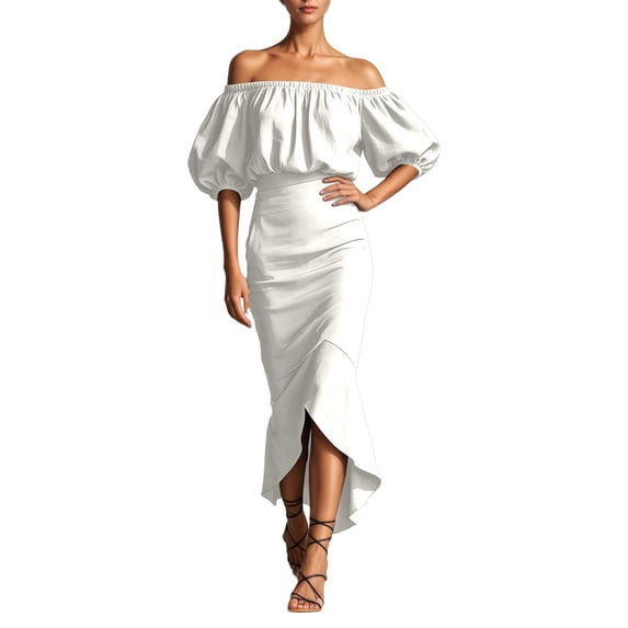 XIAOCHA Womens Summer Ruched Midi Dress Solid Off Shoulder Puff Sleeve Night Out Dresses