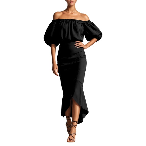 XIAOCHA Womens Summer Ruched Midi Dress Solid Off Shoulder Puff Sleeve Night Out Dresses