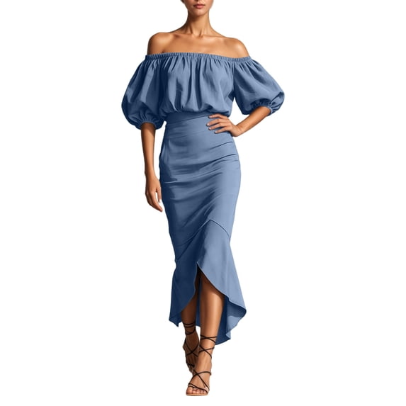 XIAOCHA Womens Summer Ruched Midi Dress Solid Off Shoulder Puff Sleeve Night Out Dresses