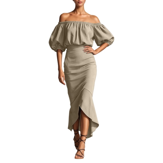 XIAOCHA Womens Summer Ruched Midi Dress Solid Off Shoulder Puff Sleeve Night Out Dresses
