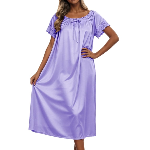 XIAOCHA Womens Summer Satin Midi Nightgown Solid V Neck Bow Lace Trim Short Sleeve Elegant Loungewear Dresses