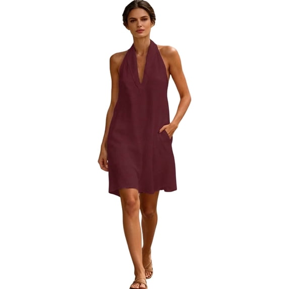 XIAOCHA Womens Summer Solid Color Halter Dress Deep V Neck Loose Fit Beach Mini Dresses