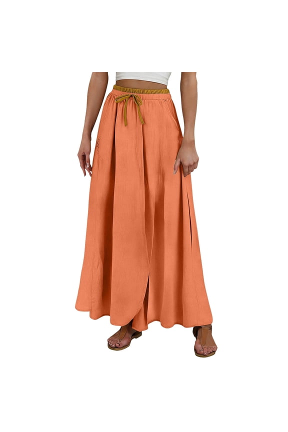Womens Summer Wrap Maxi Skirt Solid Color Block Drawstring Waist Boho Long Skirts