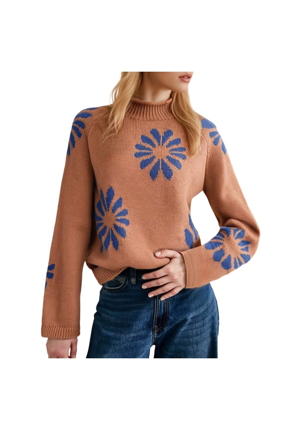 Womens Sweaters Casual Floral Knitted Jacquard Crewneck Pullover Sweater Loose Fit Long Sleeve Soft Comfortable Top Fall Winter