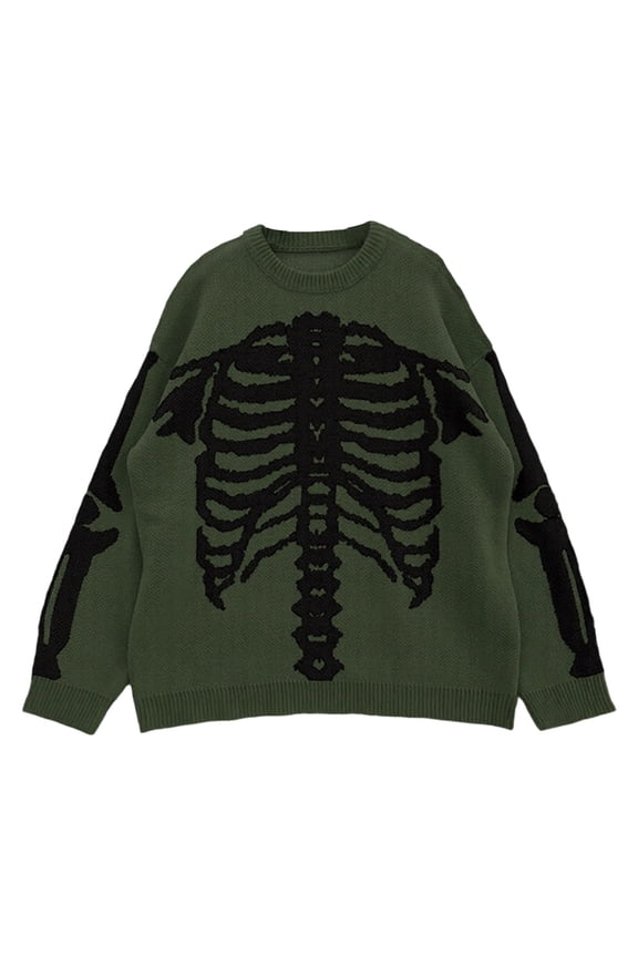 Womens Sweaters Casual Skeleton Jacquard Crewneck Knit Pullover Sweater Loose Fit Long Sleeves Soft Comfortable Top Halloween Holiday