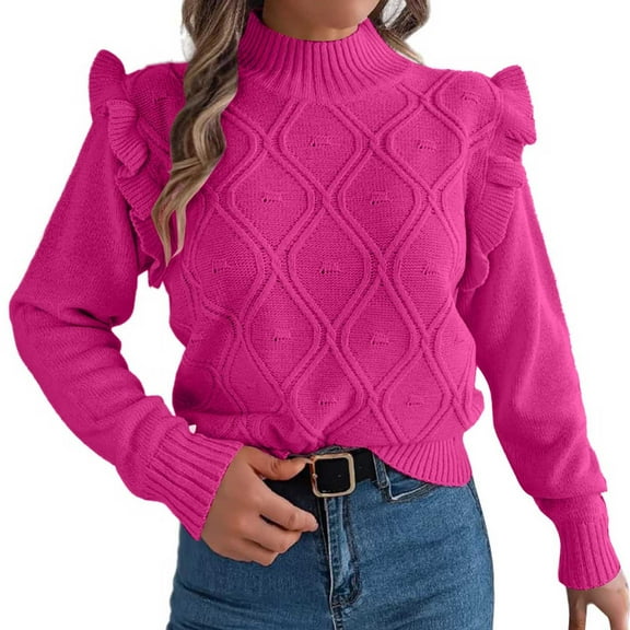 XIAOCHA Womens Sweaters Neck Solid Color Trendy Pattern Sweatshirts Casual Ruffle Long Sleeve Loose Pullover Sweater Streetwear