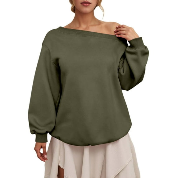 XIAOCHA Womens Sweatshirts Autumn Solid Color Slanted Neck Off Shoulder Pullover Top Simple Vintage Long Sleeves Loose Elegant Sweatshirt L