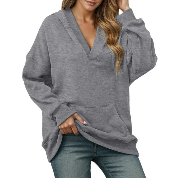 XIAOCHA Womens Sweatshirts Deep V-Neck Solid Color Pullover Tops Kangaroo Pocket Loose Fit Comfortable Simple Casual Versatile Hoodie
