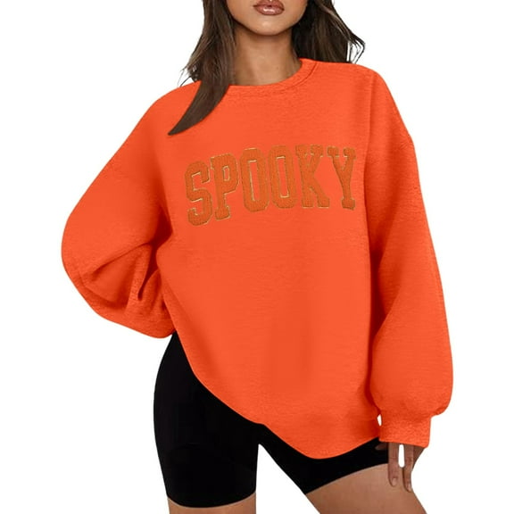 XIAOCHA Womens Sweatshirts Halloween Letter Print Crew Neck Pullover Tops Trendy Oversized Loose Fit Drop Shoulder Long Sleeves Sweatshirt