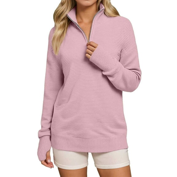 XIAOCHA Womens Sweaters Casual Half Zip Vintage Solid Color Tops Loose Long Sleeve Relaxed Sporty Pullover Sweater