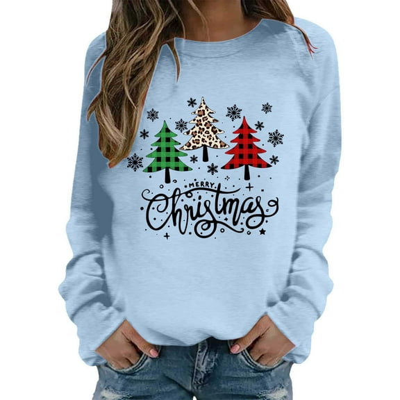 XIAOCHA Womens Sweatshirts Long Sleeve Crew Neck Pullover Top Merry Christmas Graphic Print Snowflake Tree Pattern Festive Sweatshirts
