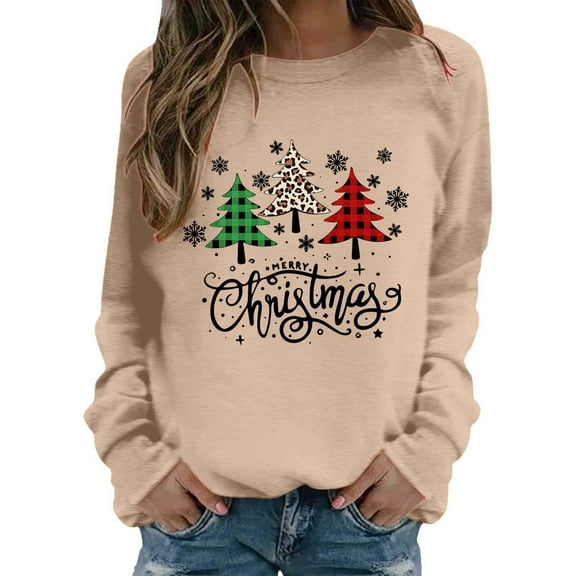 XIAOCHA Womens Sweatshirts Long Sleeve Crew Neck Pullover Top Merry Christmas Graphic Print Snowflake Tree Pattern Festive Sweatshirts