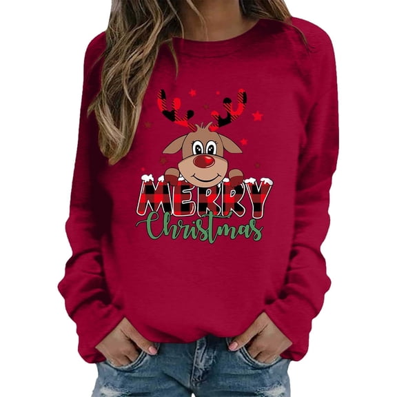 XIAOCHA Womens Sweatshirts Merry Christmas Cute Reindeer Plaid Print Sweatshirts Long Sleeve Crew Neck Pullover Sweatshirts Festive Holiday