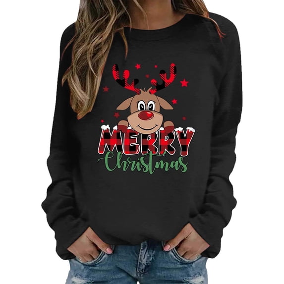 XIAOCHA Womens Sweatshirts Merry Christmas Cute Reindeer Plaid Print Sweatshirts Long Sleeve Crew Neck Pullover Sweatshirts Festive Holiday