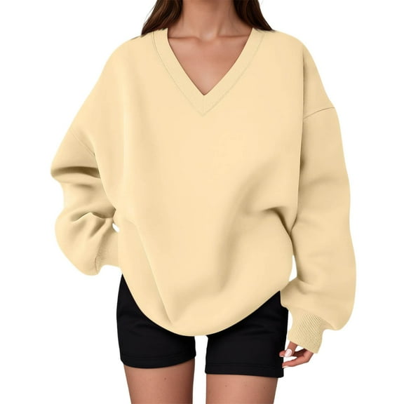 XIAOCHA Womens Sweatshirts V Neck Oversized Elegant Solid Color Pullover Sweatshirt Long Sleeve Crewneck Loose Fit Sporty Top Streetwear