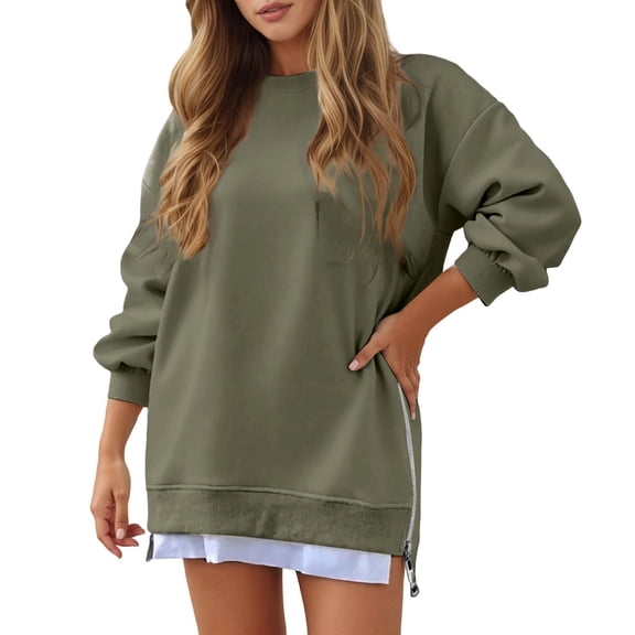 XIAOCHA Womens Sweatshirts Vintage Long Sleeve Crew Neck Pullover Sweatshirt Side Zipper Layered Hem Relaxed Fit Solid Color Top Streetwear Army Green