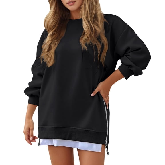 XIAOCHA Womens Sweatshirts Vintage Long Sleeve Crew Neck Pullover Sweatshirt Side Zipper Layered Hem Relaxed Fit Solid Color Top Streetwear Black