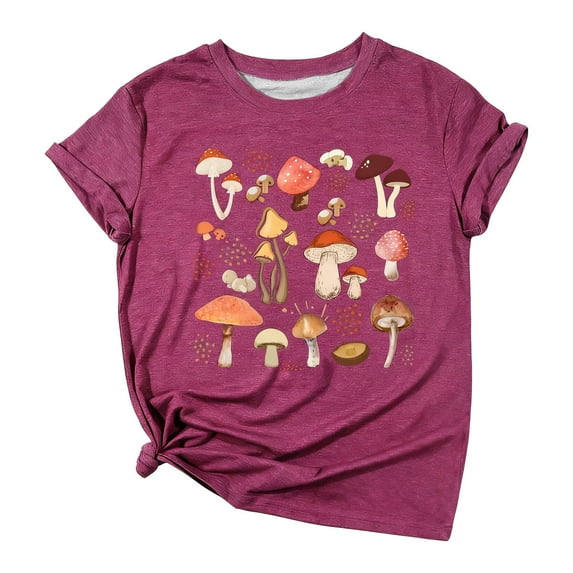 XIAOCHA Womens T Shirt Mushrooms Printed Crew Neck Pullover Tee Shirt Loose Fit Short Sleeves Vintage Summer Streetwear Tee