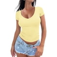 thumbnail image 1 of XIAOCHA Womens T Shirt Solid Color Deep V Neck Pullover Tee Shirt Slim Fit Short Sleeves Trendy Sport Top Daily Outfits, 1 of 3