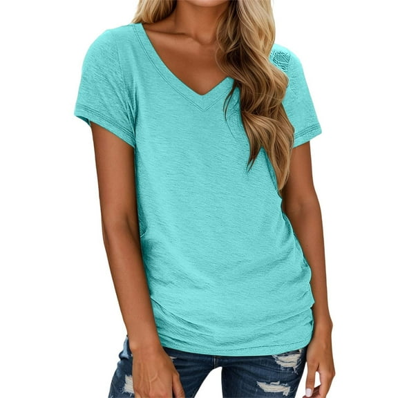 XIAOCHA Womens T Shirt Solid Color V Neck Pullover Tee Shirt Loose Fit Short Sleeves Simple Vintage Tee Shirt Streetwear