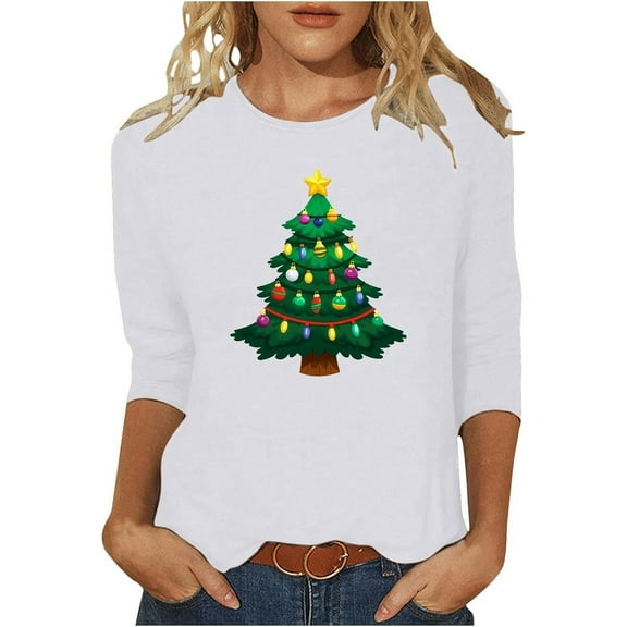 XIAOCHA Womens T-Shirts Christmas Tree Print Crew Neck Pullover Tees Shirt Long Sleeves Loose Fit Tees Christmas Holiday Wear