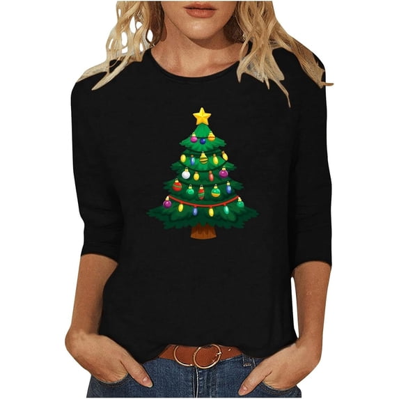 XIAOCHA Womens T-Shirts Christmas Tree Print Crew Neck Pullover Tees Shirt Long Sleeves Loose Fit Tees Christmas Holiday Wear