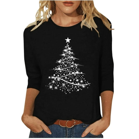 XIAOCHA Womens T-Shirts Christmas Tree Print Crew Neck Pullover Tees Shirt Long Sleeves Loose Fit Tees Christmas Holiday Wear