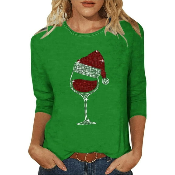 XIAOCHA Womens T-Shirts Wine Glass And Santa Hat Print Crew Neck Pullover Tees Shirt Long Sleeves Loose Fit Tees Christmas Holiday Wear