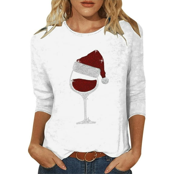 XIAOCHA Womens T-Shirts Wine Glass And Santa Hat Print Crew Neck Pullover Tees Shirt Long Sleeves Loose Fit Tees Christmas Holiday Wear