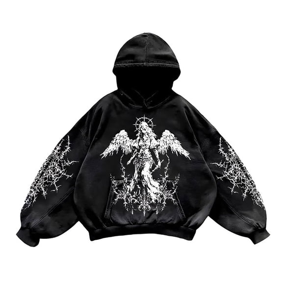 XIAOCHA Womens Thorned Angel Graphic Hoodie Oversized Long Sleeve Hooded Pullover Sweatshirt Cozy Gothic Street Hoodies