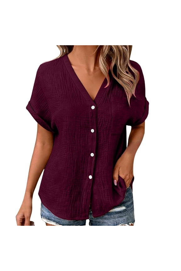 Womens V Neck Button Down Shirt Rolled Sleeve Pocketed Casual Everyday Blouse