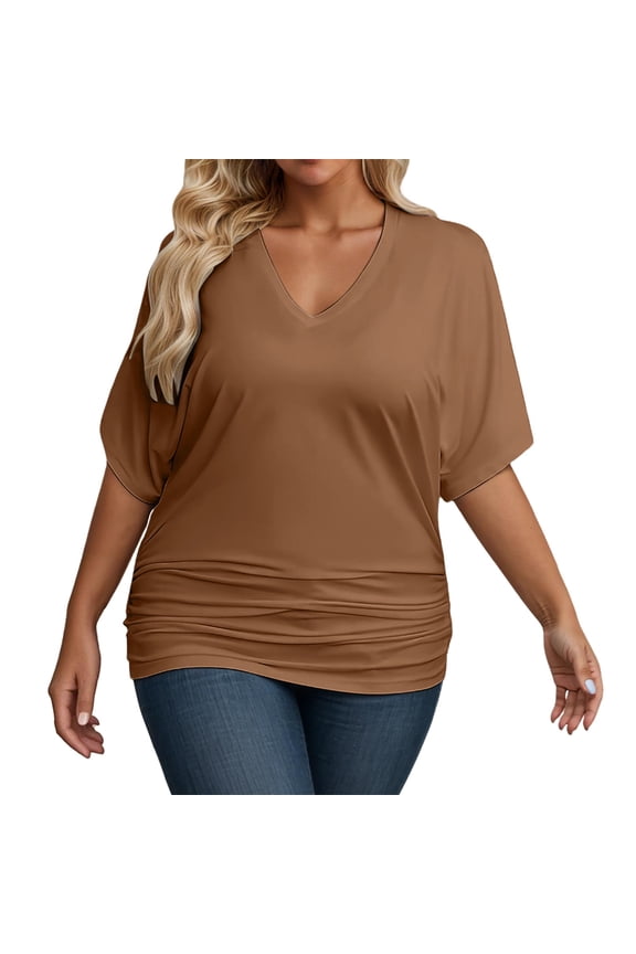 Womens V Neck Tee Relaxed Batwing Sleeve Gathered Waist Blouses Comfy Modern Weekend Wear Tops