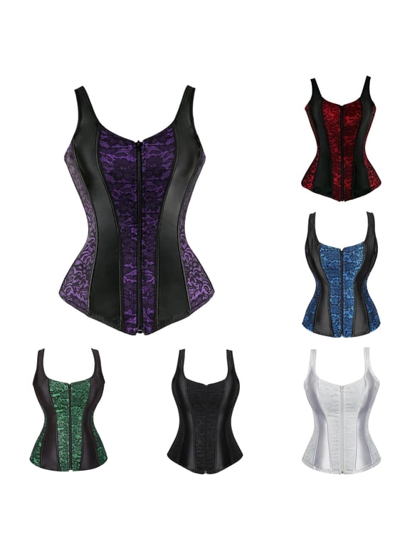 Womens Vintage Lace Satin Theme Corset Top U Spaghetti Strap Front Zip Slim Night Bustier Vest