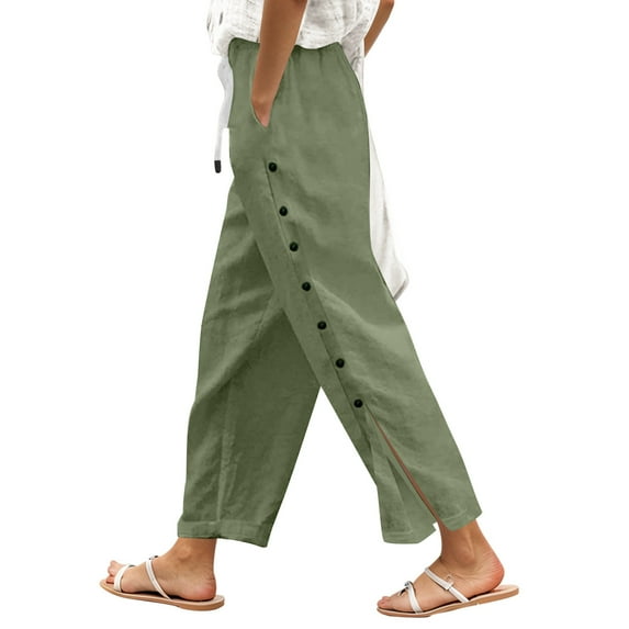 XIAOCHA Womens Wide Leg Pants Linen Side Slit Button Boho Style Trousers Retro Elastic Waist Baggy Breathable Pants Vacation
