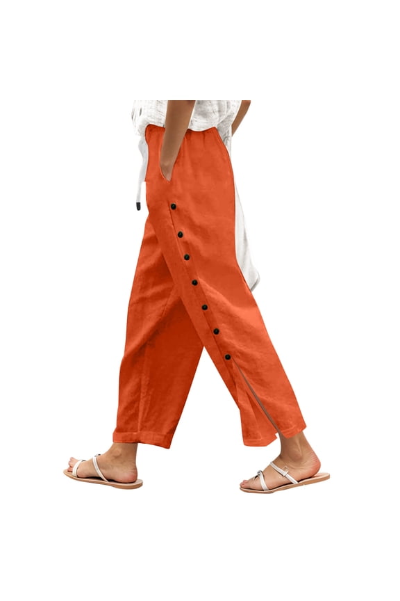Womens Wide Leg Pants Linen Side Slit Button Boho Style Trousers Retro Elastic Waist Baggy Breathable Pants Vacation