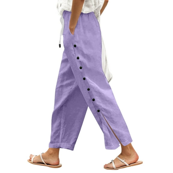 XIAOCHA Womens Wide Leg Pants Linen Side Slit Button Boho Style Trousers Retro Elastic Waist Baggy Breathable Pants Vacation