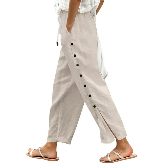 XIAOCHA Womens Wide Leg Pants Linen Side Slit Button Boho Style Trousers Retro Elastic Waist Baggy Breathable Pants Vacation