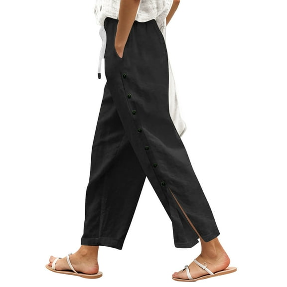 XIAOCHA Womens Wide Leg Pants Linen Side Slit Button Boho Style Trousers Retro Elastic Waist Baggy Breathable Pants Vacation