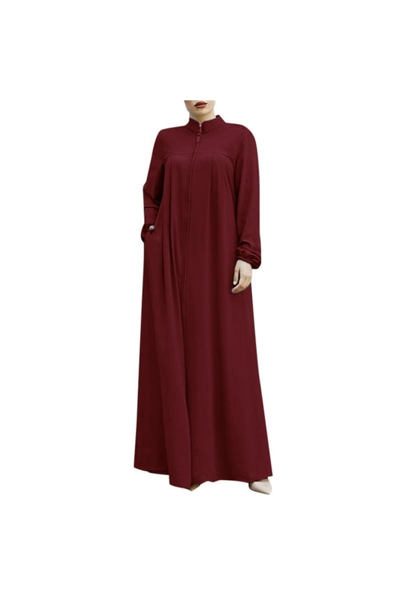 Womens Zipper Front Abaya Loose Flowy Pocketed Long Sleeve Mandarin Collar Maxi Dress Soft Modest Work Dresses