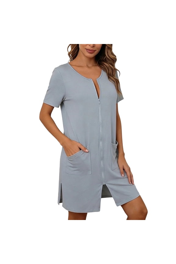 Womens Zipper Front Sleep Romper Short Sleeve Pockets Breathable Casual Nightwear Playsuit