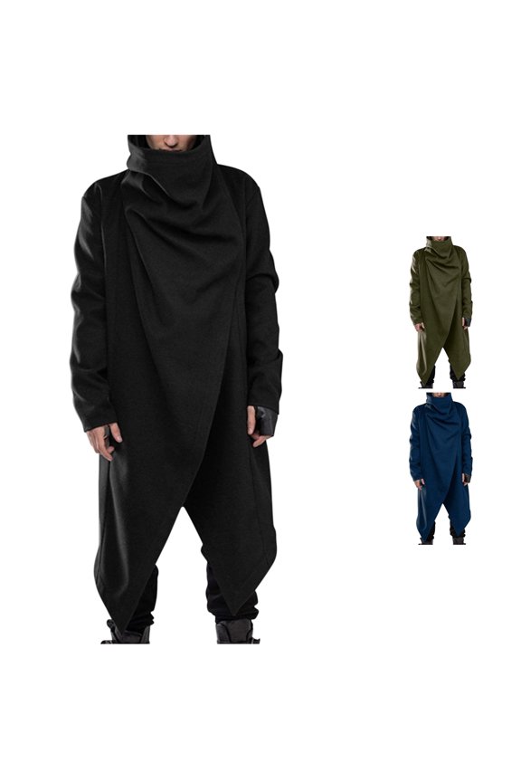 Wrap High Collar Long Coat For Men Asymmetric Hem Relaxed Fit Goth Daily Outer Jacket