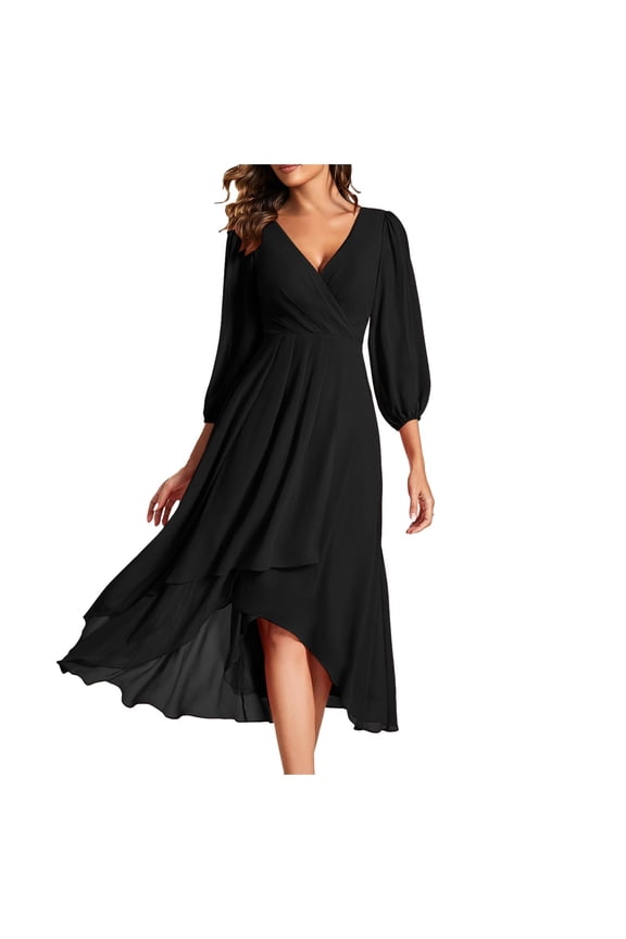 Wrap Ruched Bust Flare Dress For Women Deep V Neck Puff Sleeve Chiffon High Low Midi Dress Chic Bridesmaid Event Dress