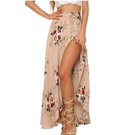 XIAOCHA Wrap-Tie High-Slit Floral Skirt for Women Bohemian Beach Vacation Full-Length Maxi Skirt